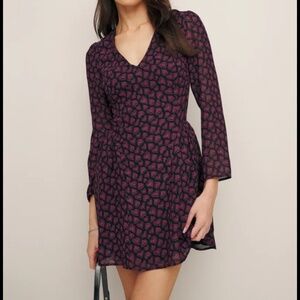 NWT Reformation Tamsin Mini Dress Bon Bon Pink Hearts Motif Long Sleeve Size 12
